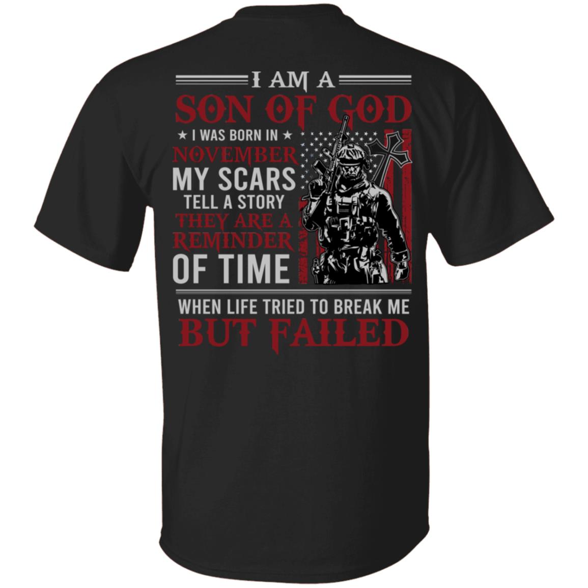November I Am A Son Of God American Flag Print On Back T-Shirt - American Soldier November Birthday Shirt, Black, Unisex T-Shirt