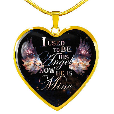I Used To Be His Angel Now He Is Mine Memorial Heart Pendant Necklace - Loss of a Dad Sympathy Gift - Heart Luxury Necklace (Gold Plated)