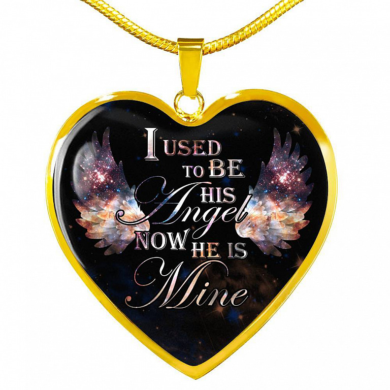 I Used To Be His Angel Now He Is Mine Memorial Heart Pendant Necklace - Loss of a Dad Sympathy Gift - Heart Luxury Necklace (Gold Plated)