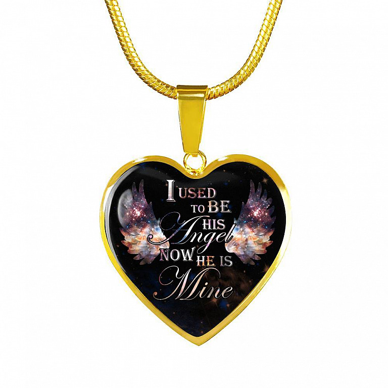 I Used To Be His Angel Now He Is Mine Memorial Heart Pendant Necklace - Loss of a Dad Sympathy Gift - Heart Luxury Necklace (Gold Plated)