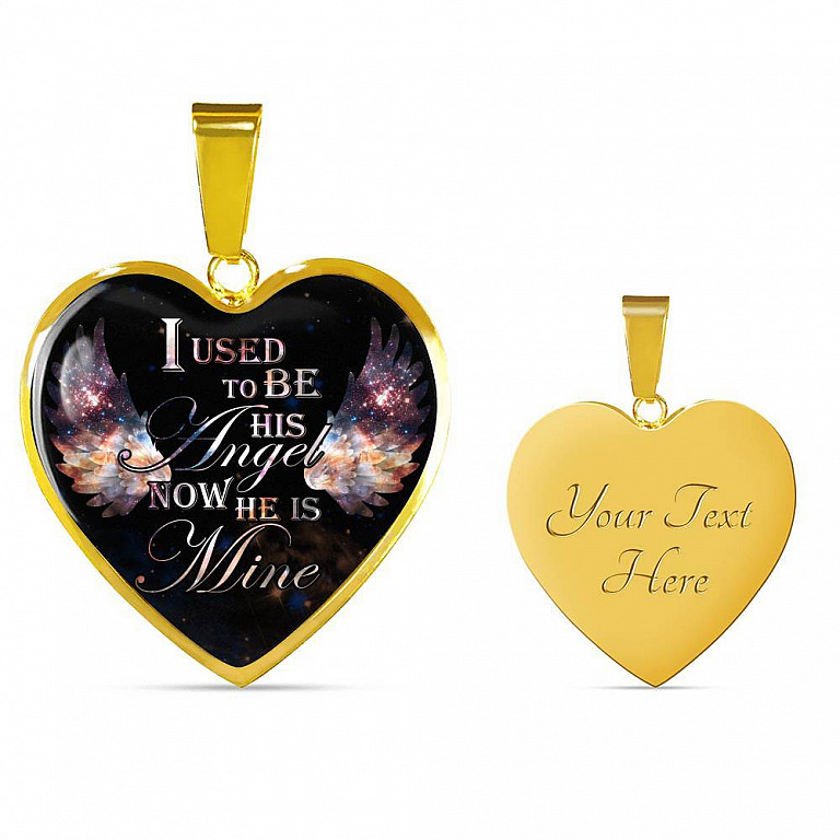 I Used To Be His Angel Now He Is Mine Memorial Heart Pendant Necklace - Loss of a Dad Sympathy Gift - Heart Luxury Necklace (Gold Plated)