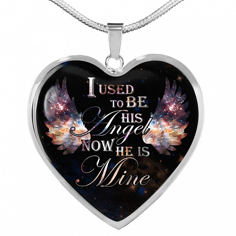 I Used To Be His Angel Now He Is Mine Memorial Heart Pendant Necklace - Loss of a Dad Sympathy Gift - Heart Luxury Necklace (Silver)