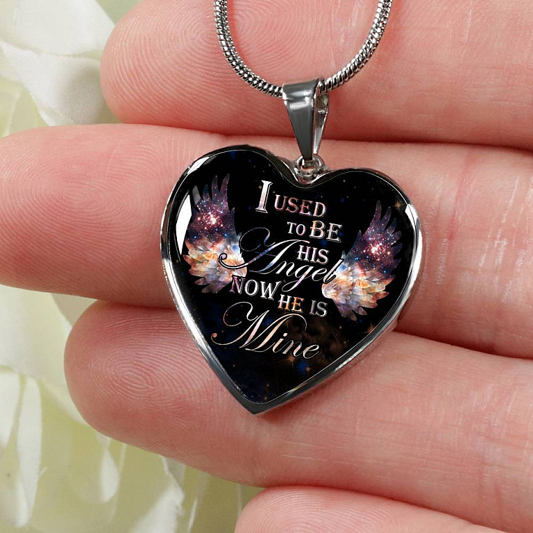 I Used To Be His Angel Now He Is Mine Memorial Heart Pendant Necklace - Loss of a Dad Sympathy Gift - Heart Luxury Necklace (Silver)
