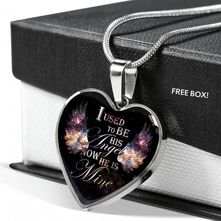 I Used To Be His Angel Now He Is Mine Memorial Heart Pendant Necklace - Loss of a Dad Sympathy Gift - Heart Luxury Necklace (Silver)