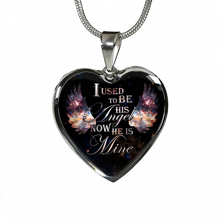 I Used To Be His Angel Now He Is Mine Memorial Heart Pendant Necklace - Loss of a Dad Sympathy Gift - Heart Luxury Necklace (Silver)