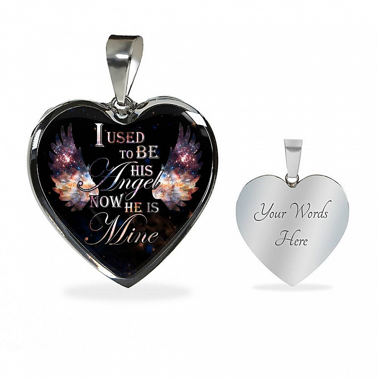I Used To Be His Angel Now He Is Mine Memorial Heart Pendant Necklace - Loss of a Dad Sympathy Gift - Heart Luxury Necklace (Silver)