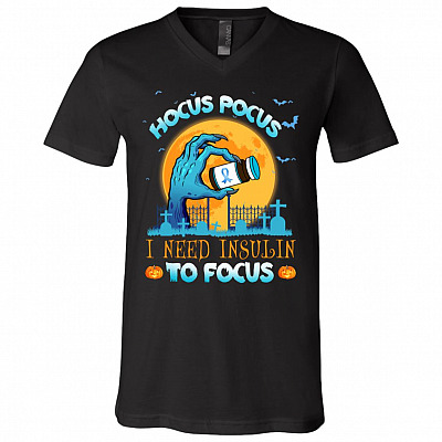 Hocus Pocus I Need Insulin To Focus T-Shirt - V-neck - Blue Gray Ribbon Type 1 Diabetes Awareness Shirt, Black, V-Neck T-Shirt