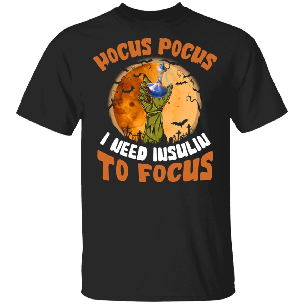 Hocus Pocus I Need Insulin To Focus T-Shirt - Youth Shirt For Kids - Funny Diabetic Halloween Shirt, Black, Unisex T-Shirt