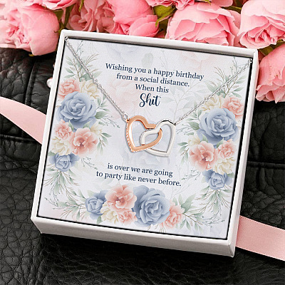 Alternative view of Wishing You A Happy Birthday From A Social Distance When This Shit Is Over Interlocking Hearts Pendant Necklace