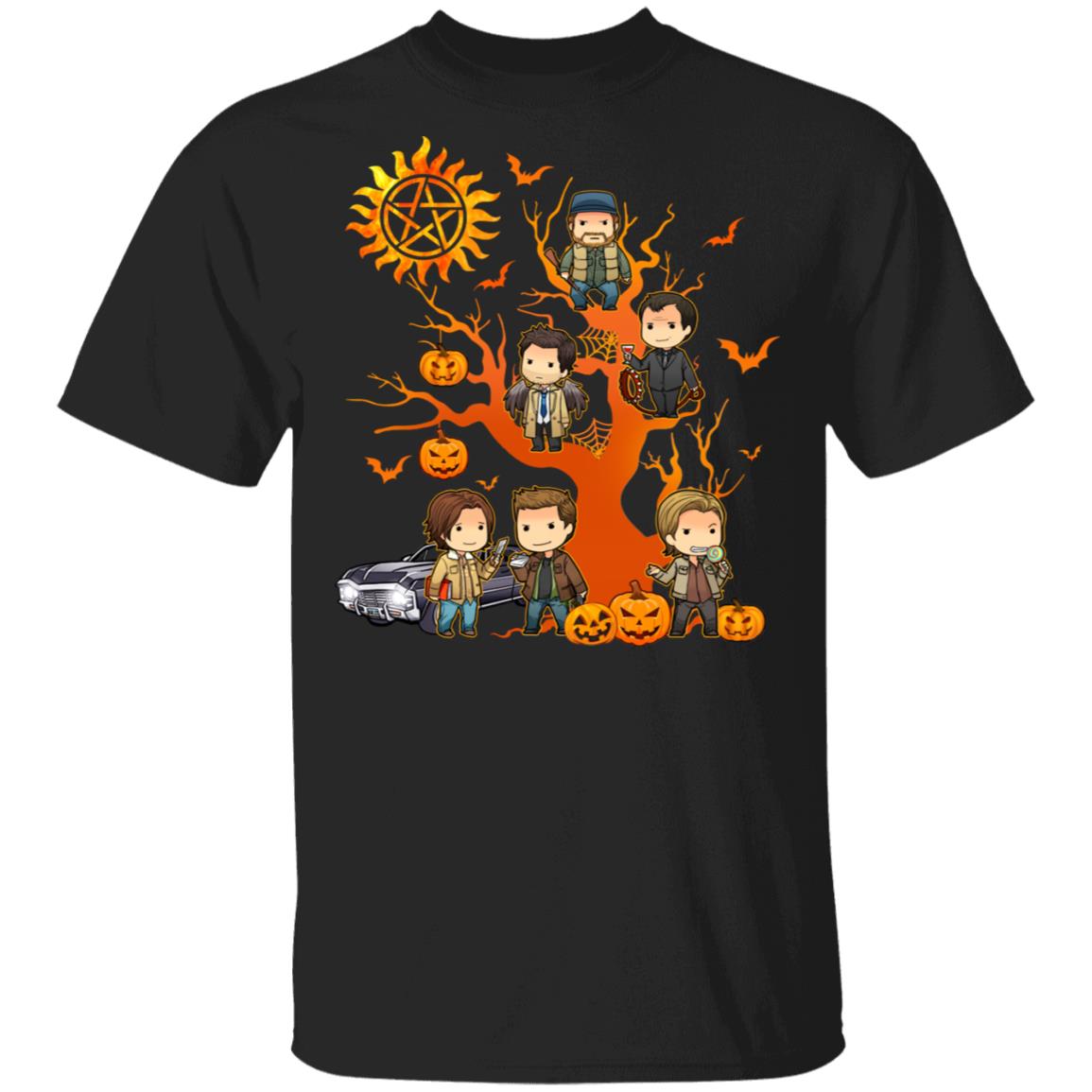 Super-Natural Characters Chibi On Halloween Tree T-Shirt, Black, Unisex T-Shirt