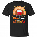 Happy HalloThanksMas Shirt - Funny Holiday Halloween Thanksgiving Christmas Shirt - Wine Turkey Shirt, Black, Unisex T-Shirt