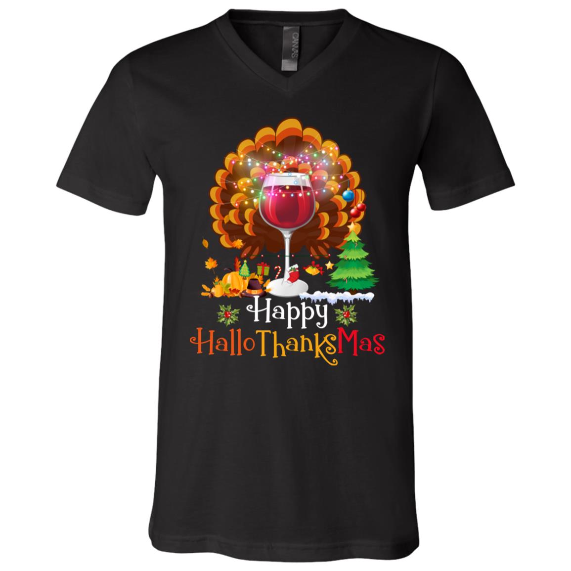 Funny Wine Glass Happy Hallothanksmas Halloween Thankgiving Christmas Gobble T-shirt - V-neck, Black, V-Neck T-Shirt