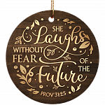 She Laughs Without Fear Of The Future Circle Porcelain Ceramic Ornament Keepsake, White, Ceramic Circle Ornament