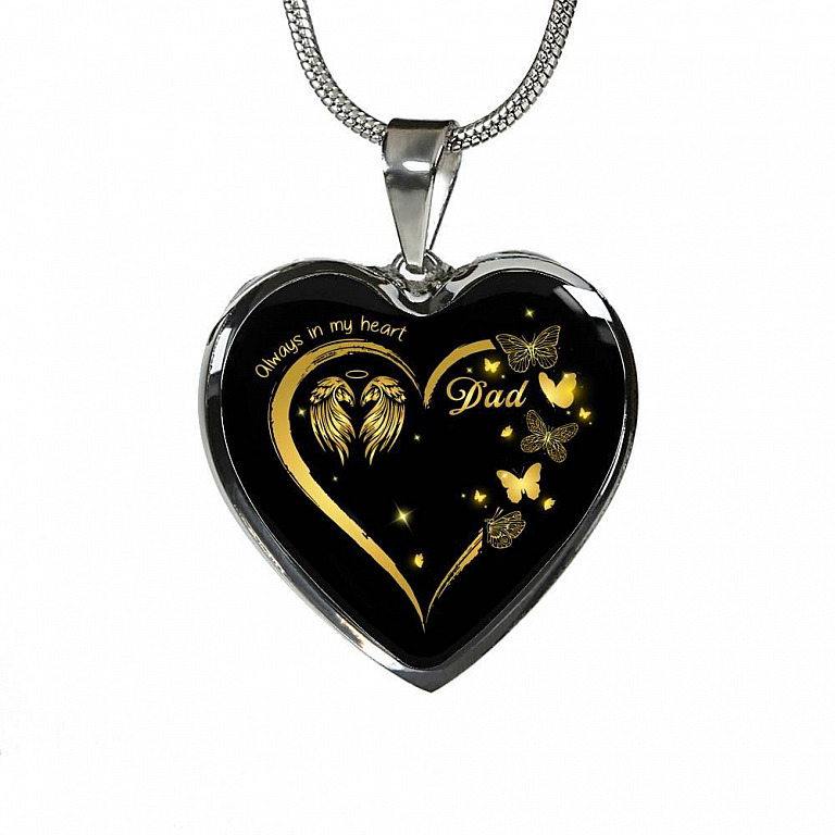 Dad Always In My Heart Loss Of Dad Heart Pendant Necklace - Dad Remembrance Necklace - Heart Luxury Necklace (Silver)