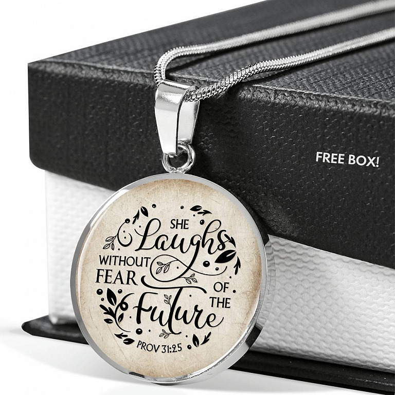 She Laughs Without Fear Of The Future Circle Pendant Necklace - Proverbs 31 25 Necklace - Circle Luxury Necklace (Silver)