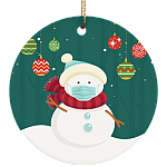 Snowman Wearing A Face Mask Decorative Christmas Ornament - Holiday Flat Circle Porcelain Ceramic Ornament, White, Ceramic Circle Ornament