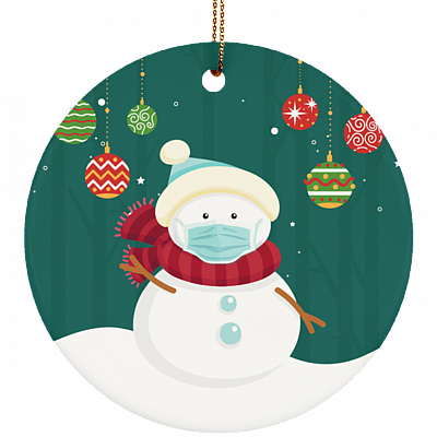 Snowman Wearing A Face Mask Decorative Christmas Ornament - Holiday Flat Circle Porcelain Ceramic Ornament, White, Ceramic Circle Ornament
