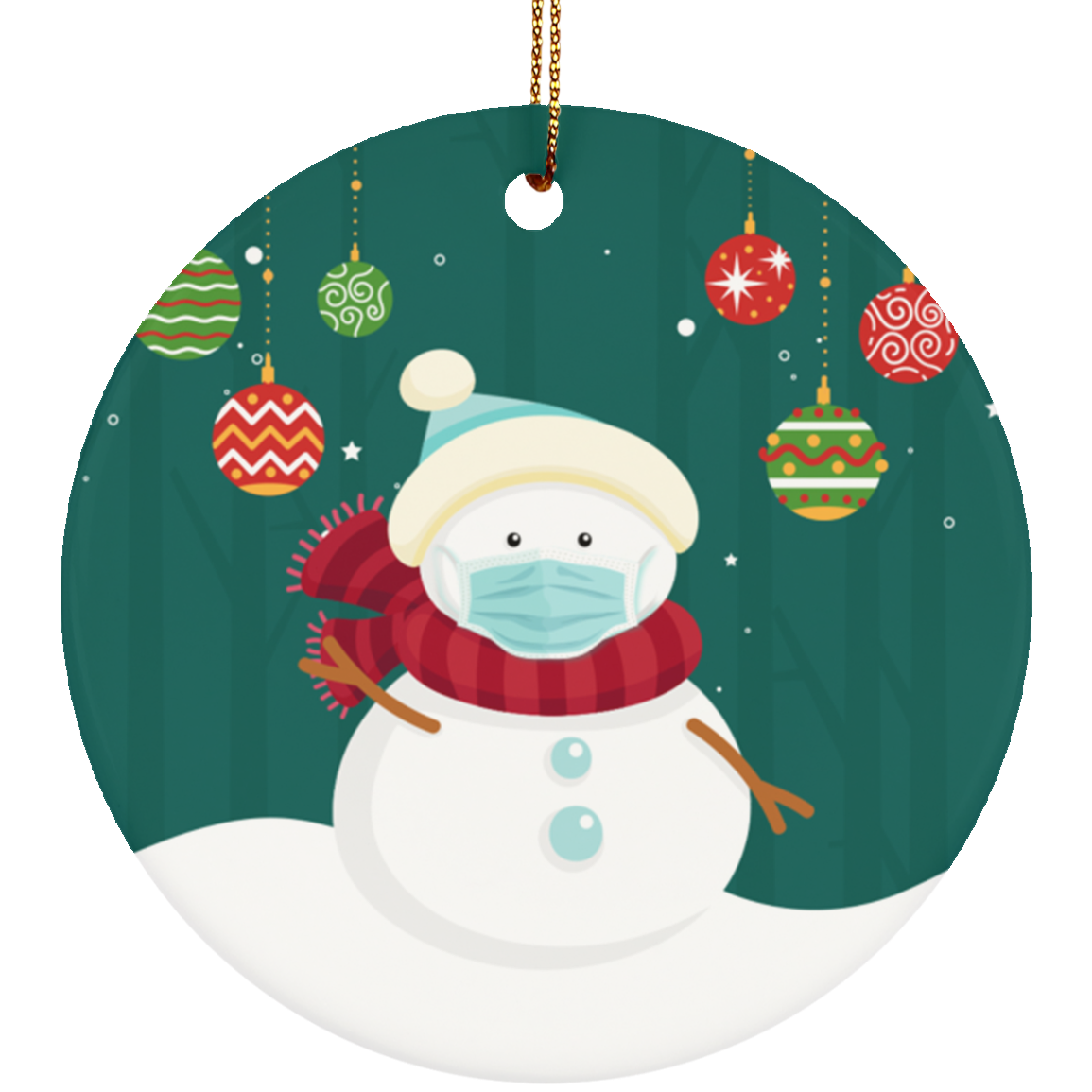 Snowman Wearing A Face Mask Decorative Christmas Ornament - Holiday Flat Circle Porcelain Ceramic Ornament, White, Ceramic Circle Ornament Snowman Wearing A Face Mask Decorative Christmas Ornament - Holiday Flat Circle Porcelain Ceramic Ornament, White, Ceramic Circle Ornament