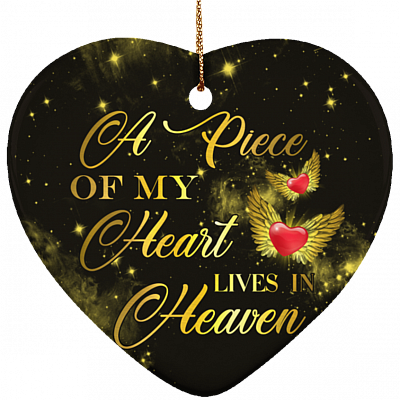 Wings Heart A Piece Of My Heart Lives In Heaven Christmas Keepsake - Holiday Flat Heart Porcelain Ceramic Ornament, White, Heart Ornament