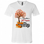 Personalized Grandma's Little Pumpkins Truck Maple Tree Funny Halloween T-Shirt - V Neck, White, V-Neck T-Shirt
