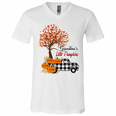 Personalized Grandma's Little Pumpkins Truck Maple Tree Funny Halloween T-Shirt - V Neck, White, V-Neck T-Shirt