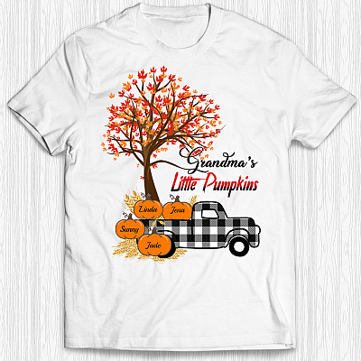 Alternative view of Personalized Grandma's Little Pumpkins Truck Maple Tree Funny Halloween T-Shirt - V Neck
