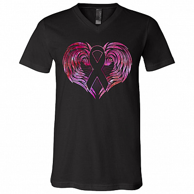 Breast Cancer Pink Wings Warrior Cancer Survivor T-shirt - V-neck - Breast Cancer Awareness Pink Ribbon Tee Shirt, Black, V-Neck T-Shirt