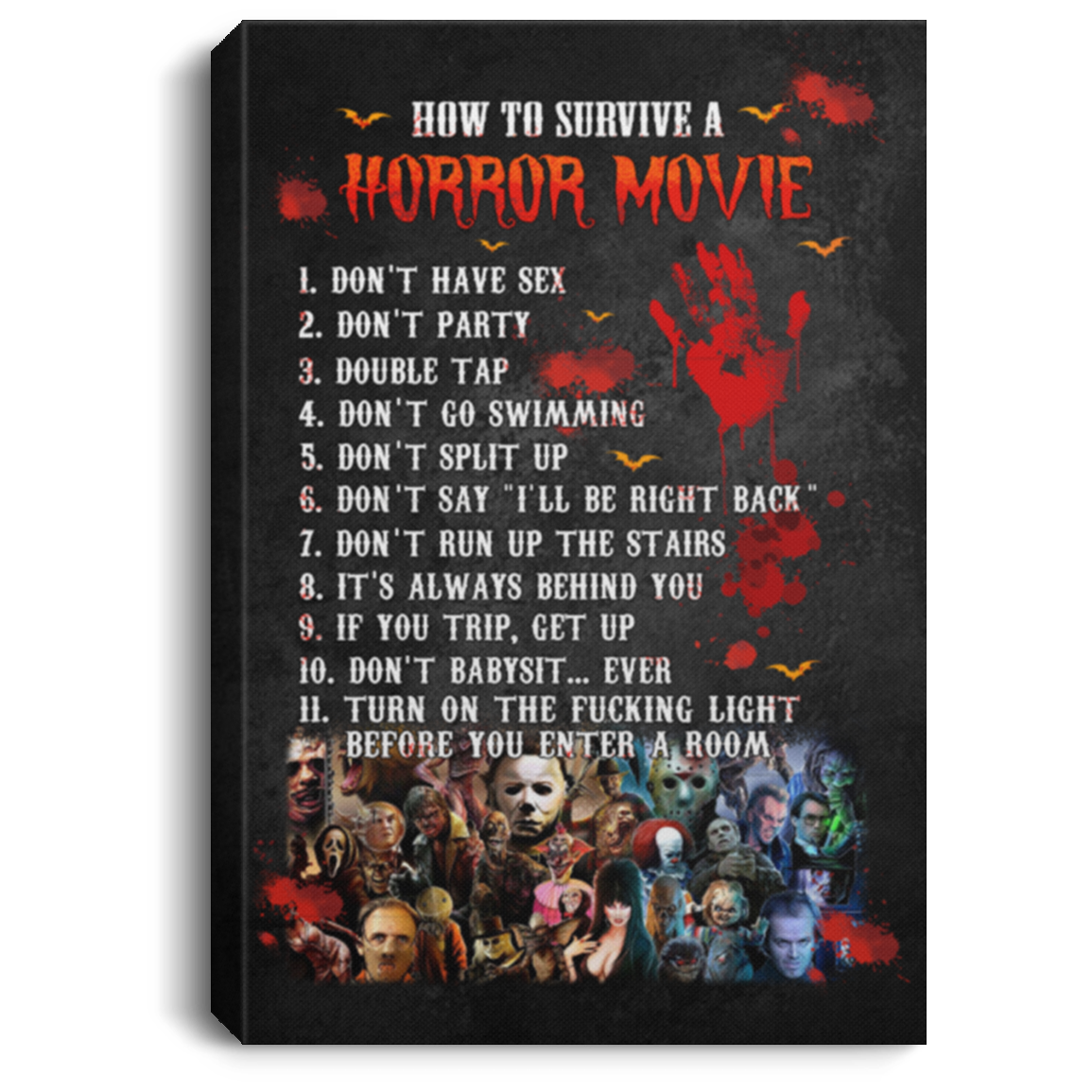 How To Survive Horror Movie Framed Canvas - Unframed Poster - Funny Halloween Decor, White, 0.75'' Framed Canvas
