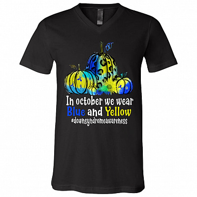 In October We Wear Blue And Yellow Down Syndrome Awareness Pumpkin T-shirt - V-neck, Black, V-Neck T-Shirt