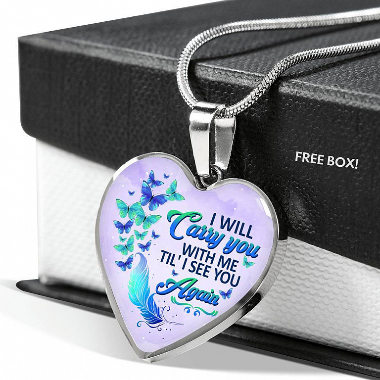 I Will Carry You With Me Til' I See You Again Butterfly Heart Pendant Necklace - Memorial Gift Necklace - Heart Luxury Necklace (Silver)