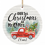 Personalized Our First Christmas As Mr And Mrs Christmas Ornament - Flat Circle Porcelain Ceramic Ornament, White, Circle Ornament