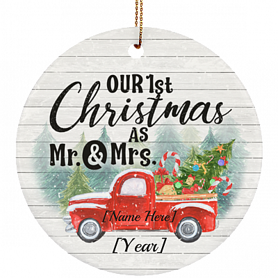 Personalized Our First Christmas As Mr And Mrs Christmas Ornament - Flat Circle Porcelain Ceramic Ornament, White, Circle Ornament