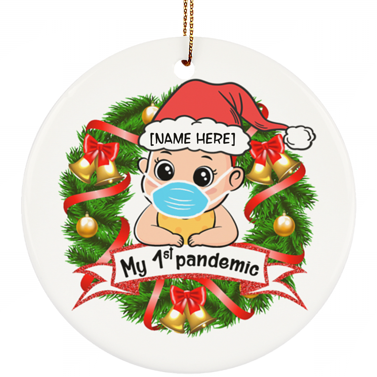 Personalized My 1st Pandemic Baby's First Christmas Ornament - Baby Flat Circle Porcelain Ceramic Ornament, White, Circle Ornament