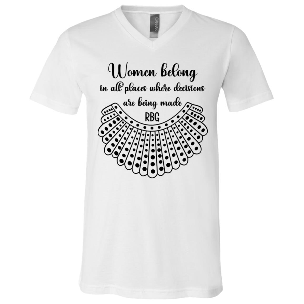 Women Belong In All Places Dissent Collar RBG Ruth Bader Ginsburg T-Shirt - V-Neck Tee, White, V-Neck T-Shirt
