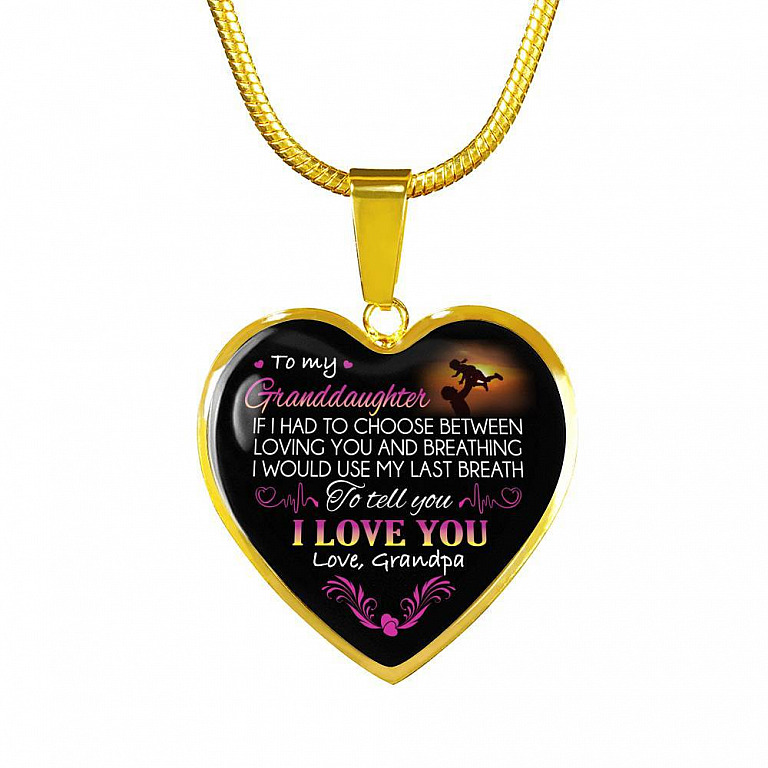 Grandpa To My Granddaughter if I Had to Choose Between Loving You And Breathing Heart Pendant Necklace - Heart Luxury Necklace (Gold Plated)