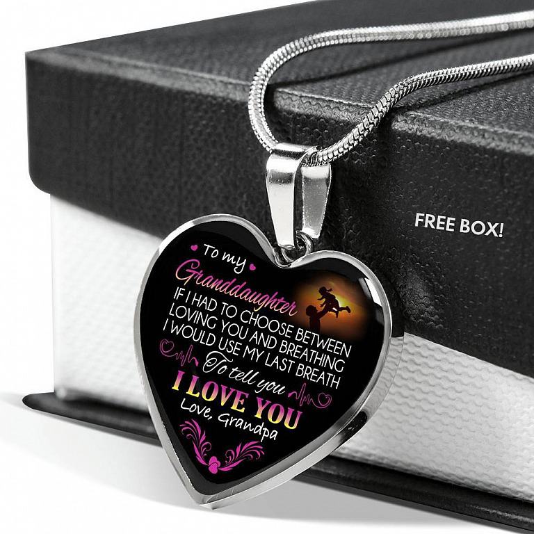 Grandpa To My Granddaughter if I Had to Choose Between Loving You And Breathing Heart Pendant Necklace - Heart Luxury Necklace (Silver)