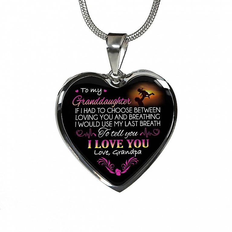Grandpa To My Granddaughter if I Had to Choose Between Loving You And Breathing Heart Pendant Necklace - Heart Luxury Necklace (Silver)