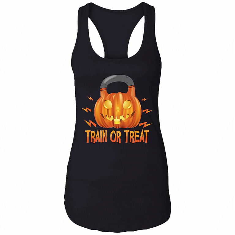 Pumpkin Kettlebell Train Or Treat Tank Top Tee - Racerback Tank, Black, Ladies Racerback Tank