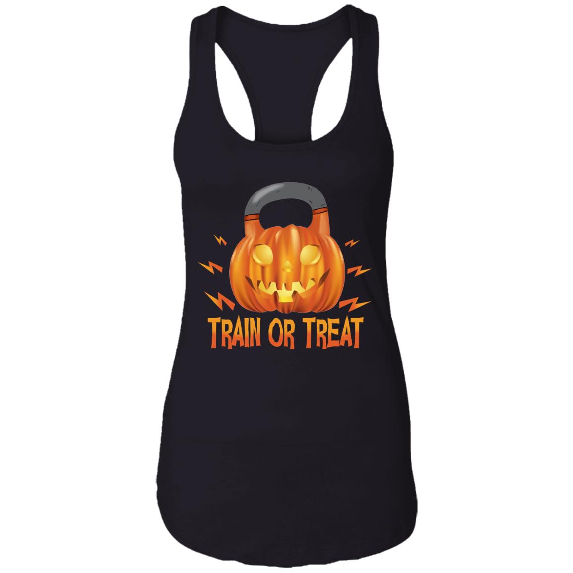 Pumpkin Kettlebell Train Or Treat Tank Top Tee - Racerback Tank, Black, Ladies Racerback Tank