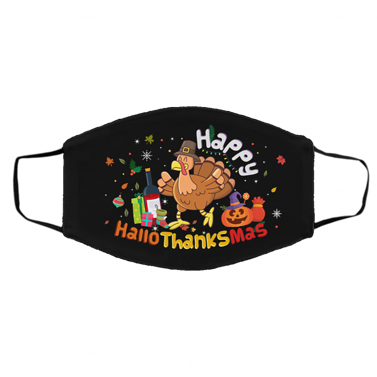 Happy HalloThanksMas Washable Reusable Custom - Printed Cloth Face Mask Cover, Black, Cloth Face Cover – Medium/Large