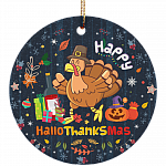 Happy HalloThanksMas Cute Funny Ornament Keepsake - Holiday Flat Circle Porcelain Ceramic Ornament, White, Circle Ornament