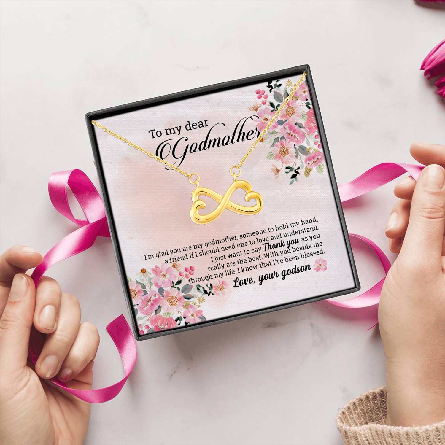 6O. Dear Godmother card (6) Infinity Heart Necklace (Gold) 5