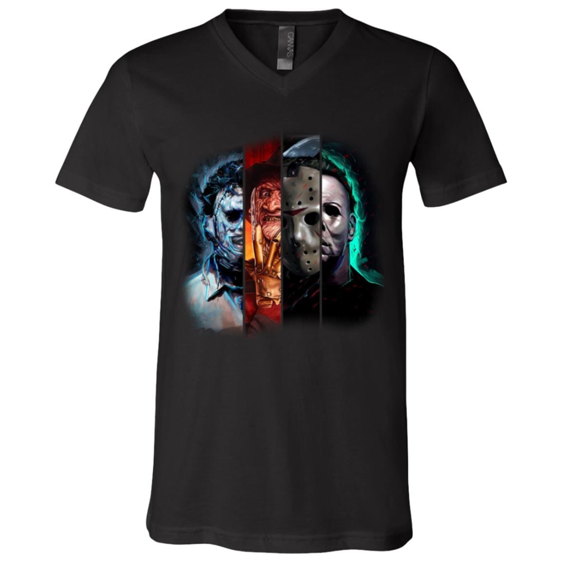 Horror Movie Characters Mask Funny Halloween T-Shirt - V Neck, Black, V-Neck T-Shirt