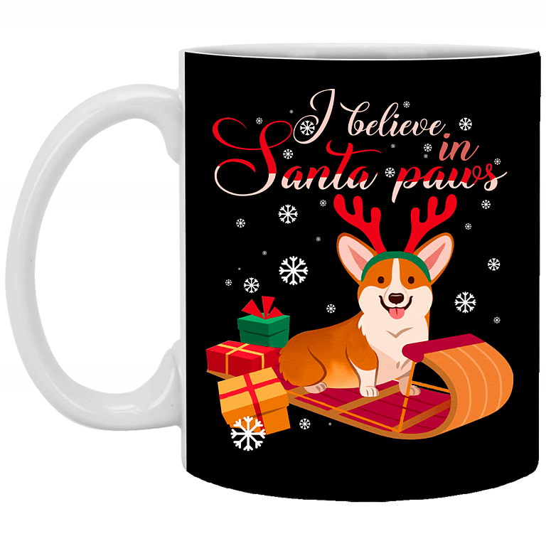 I Believe in Santa Corgi Paws Ceramic Coffee Mug - Beer Stein - Water Bottle - Color Changing Mug, Black, 11 oz. White Mug