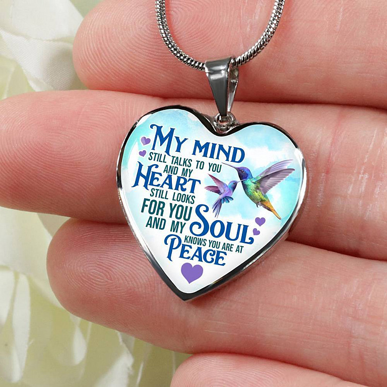 My Mind Still Talks To You But My Soul Know You Are At Peace Hummingbird Luxury Heart Pendant Necklace - Heart Luxury Necklace (Silver)