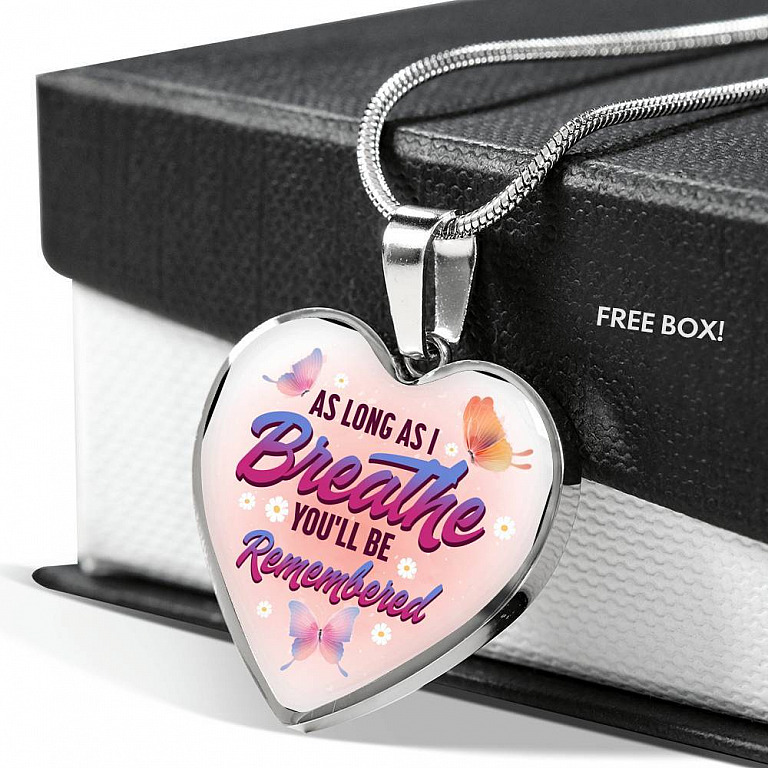 Butterfly as Long as I Breathe You'll Be Remembered Heart Pendant Necklace - Heart Luxury Necklace (Silver)