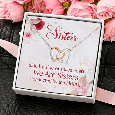 Alternative view of Sisters Side By Side Or Miles Apart We Are Sisters Connected By The Heart Interlocking Hearts Pendant Necklace