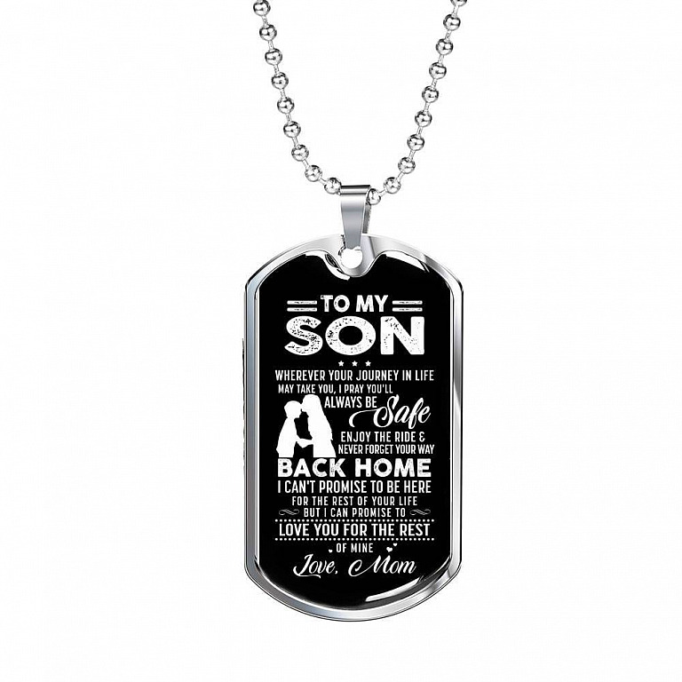 Mom to My Son Wherever Your Journey in Life May Take You I Pray You'll Always Be Safe Dog Tag Pendant Necklace - Dog Tag (Silver)