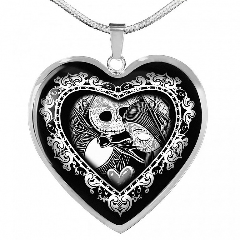 Jack And Sally Heart Pendant Necklace - Skellington Gifts For Couple - Heart Luxury Necklace (Silver)