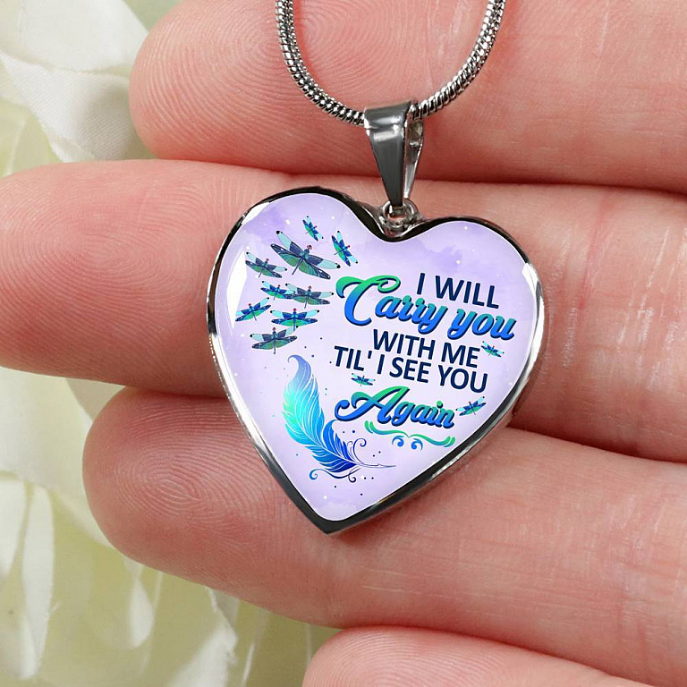 I Will Carry You With Me Til' I See You Again Dragonfly Memorial Heart Pendant Necklace - Heart Luxury Necklace (Silver)